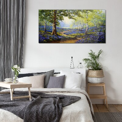Glasbild Eine Blumenallee in einer Waldlandschaft