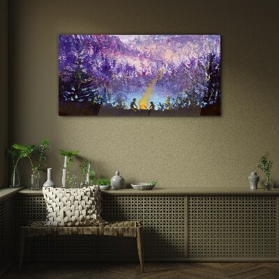 Glasbild Die Magie eines abendlichen Lagerfeuers im Wald