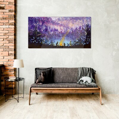 Glasbild Die Magie eines abendlichen Lagerfeuers im Wald