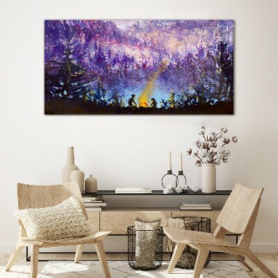 Glasbild Die Magie eines abendlichen Lagerfeuers im Wald