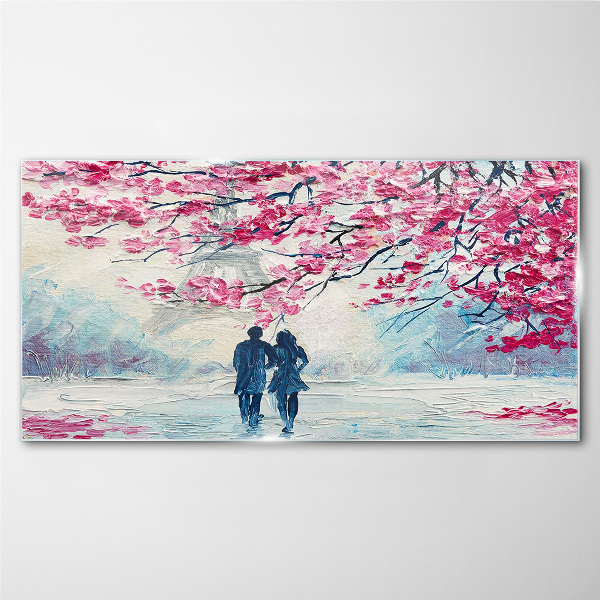 Glasbild Ein Frühlingsspaziergang unter blühenden Bäumen
