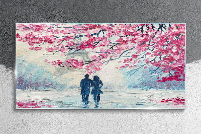 Glasbild Ein Frühlingsspaziergang unter blühenden Bäumen