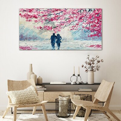 Glasbild Ein Frühlingsspaziergang unter blühenden Bäumen