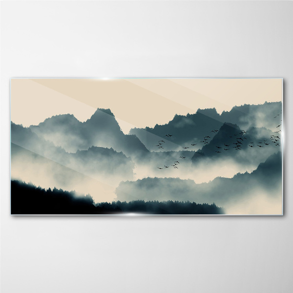 Glasbild Neblige Berglandschaft mit Vögeln