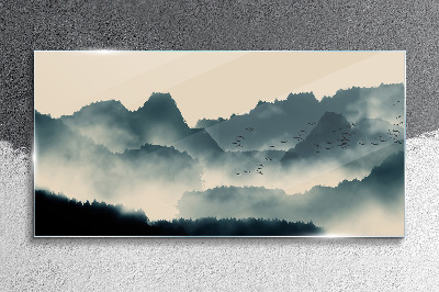 Glasbild Neblige Berglandschaft mit Vögeln