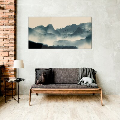 Glasbild Neblige Berglandschaft mit Vögeln