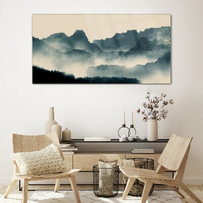 Glasbild Neblige Berglandschaft mit Vögeln