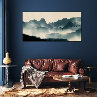 Glasbild Neblige Berglandschaft mit Vögeln
