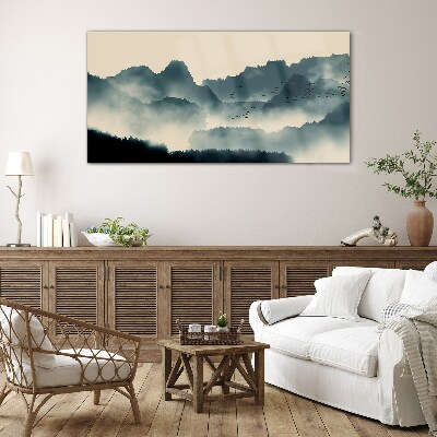 Glasbild Neblige Berglandschaft mit Vögeln