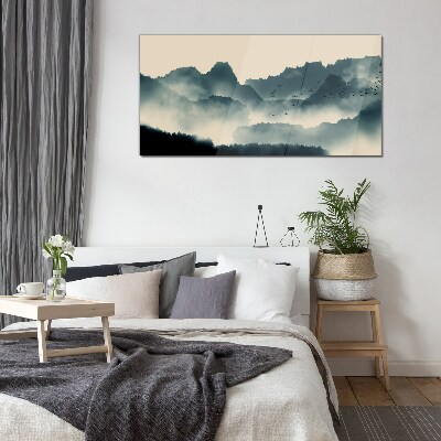 Glasbild Neblige Berglandschaft mit Vögeln