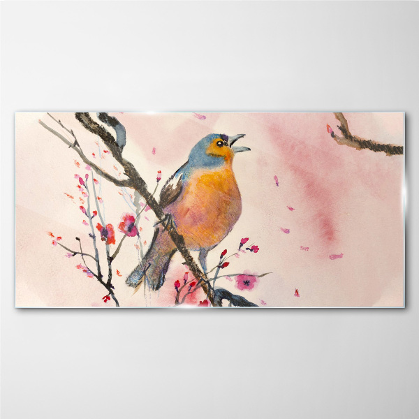 Glasbild Ein singender Vogel in einer Frühlingslandschaft