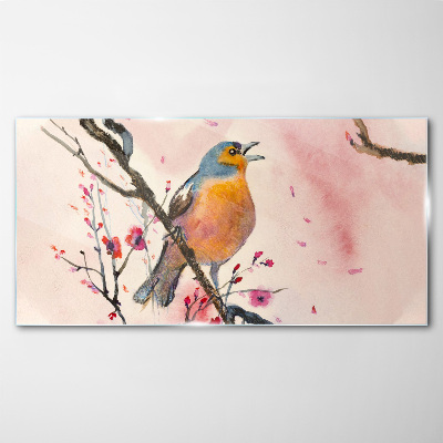 Glasbild Ein singender Vogel in einer Frühlingslandschaft