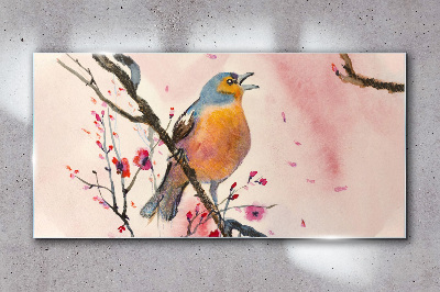 Glasbild Ein singender Vogel in einer Frühlingslandschaft