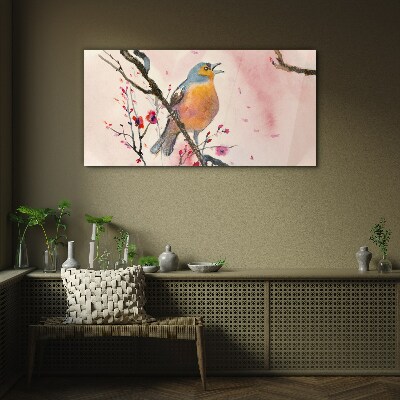 Glasbild Ein singender Vogel in einer Frühlingslandschaft