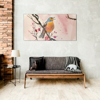 Glasbild Ein singender Vogel in einer Frühlingslandschaft