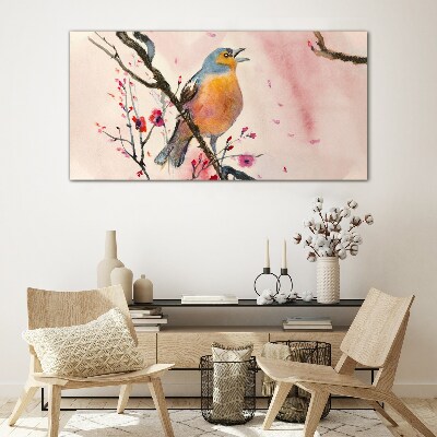 Glasbild Ein singender Vogel in einer Frühlingslandschaft