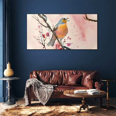 Glasbild Ein singender Vogel in einer Frühlingslandschaft