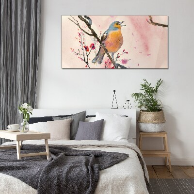 Glasbild Zweig Blumen Tier Vogel