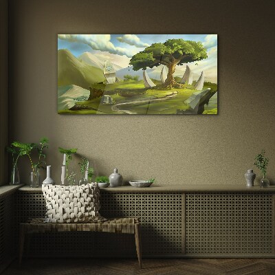 Glasbild Grüne Oase in der Berglandschaft