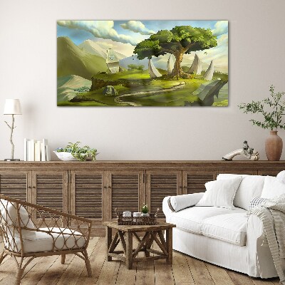 Glasbild Grüne Oase in der Berglandschaft