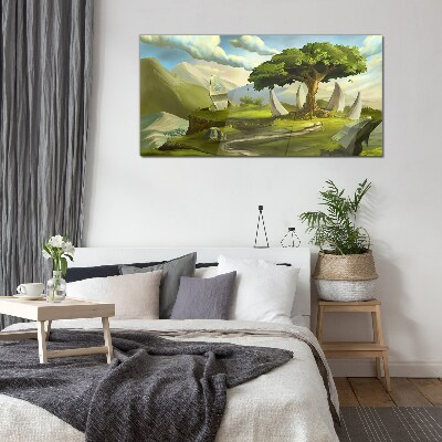 Glasbild Grüne Oase in der Berglandschaft