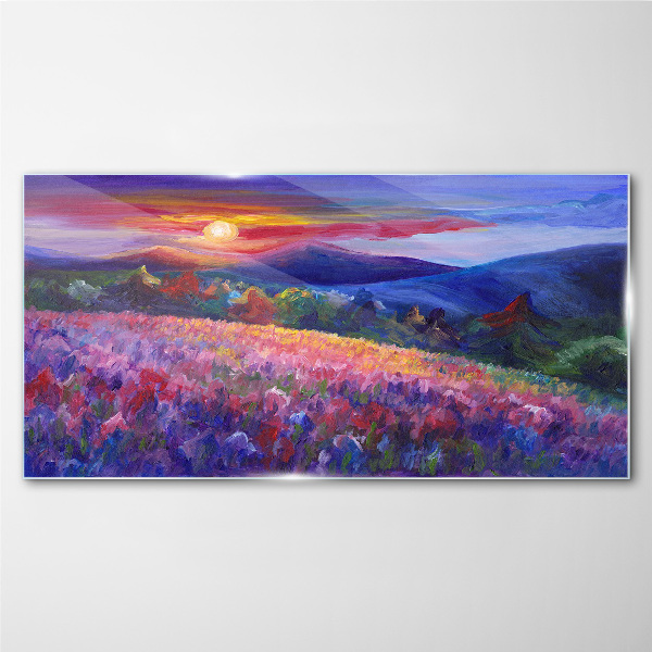 Glasbild Landschaft in Sonnenuntergangsfarben