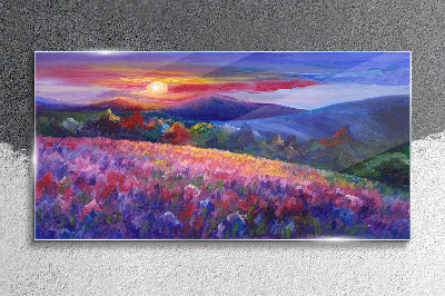 Glasbild Landschaft in Sonnenuntergangsfarben