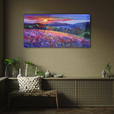 Glasbild Landschaft in Sonnenuntergangsfarben