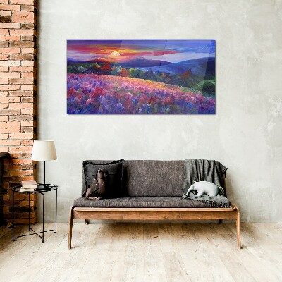 Glasbild Landschaft in Sonnenuntergangsfarben