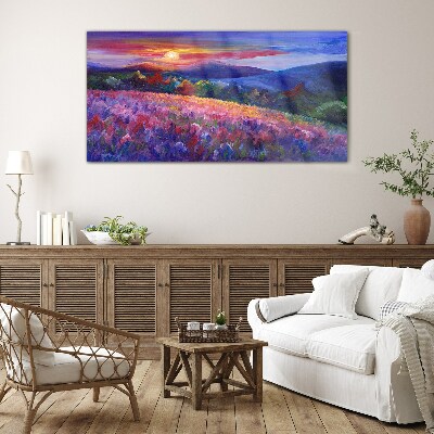 Glasbild Landschaft in Sonnenuntergangsfarben