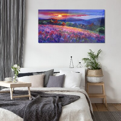 Glasbild Landschaft in Sonnenuntergangsfarben