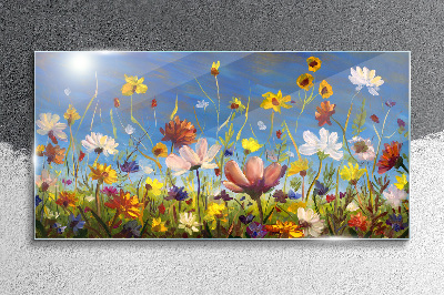 Bild auf glas drucken Blumenlandschaft an einem sonnigen Tag