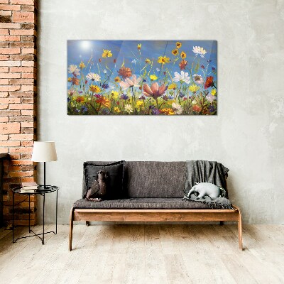 Bild auf glas drucken Blumenlandschaft an einem sonnigen Tag