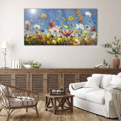 Bild auf glas drucken Blumenlandschaft an einem sonnigen Tag