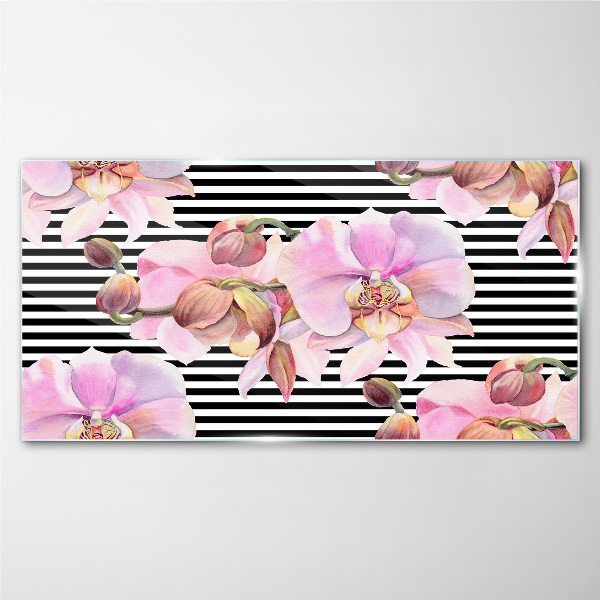 Glasbild Orchideen auf schwarzem Streifenhintergrund