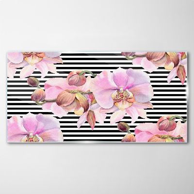 Glasbild Orchideen auf schwarzem Streifenhintergrund