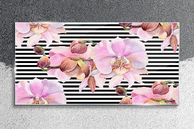 Glasbild Orchideen auf schwarzem Streifenhintergrund