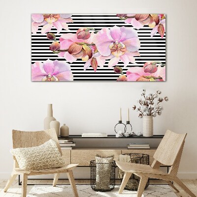 Glasbild Orchideen auf schwarzem Streifenhintergrund