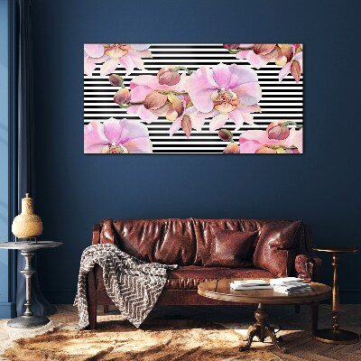 Glasbild Orchideen auf schwarzem Streifenhintergrund