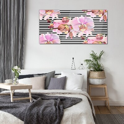 Glasbild Orchideen auf schwarzem Streifenhintergrund