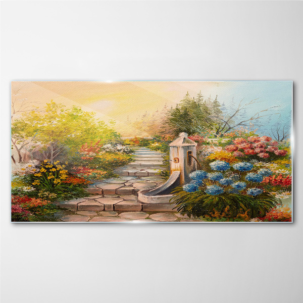 Glasbild Blumengarten mit Springbrunnen