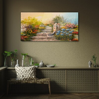 Glasbild Blumengarten mit Springbrunnen