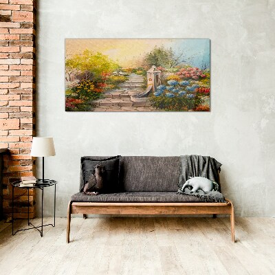 Glasbild Blumengarten mit Springbrunnen