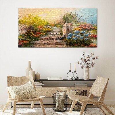 Glasbild Blumengarten mit Springbrunnen