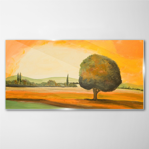 Glasbild Goldene Lichtung mit einem Baum