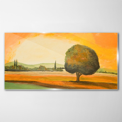 Glasbild Goldene Lichtung mit einem Baum