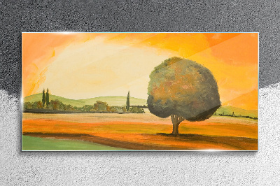 Glasbild Goldene Lichtung mit einem Baum