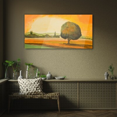 Glasbild Goldene Lichtung mit einem Baum