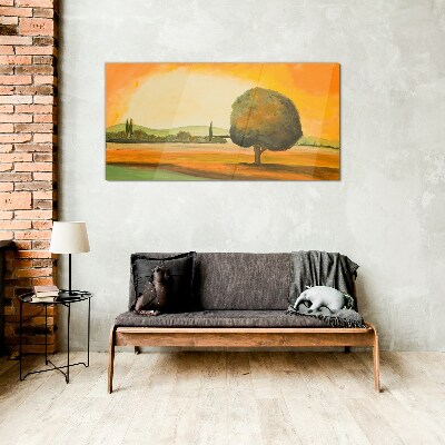 Glasbild Goldene Lichtung mit einem Baum