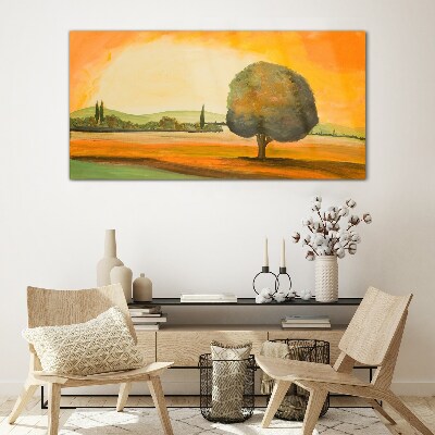 Glasbild Goldene Lichtung mit einem Baum